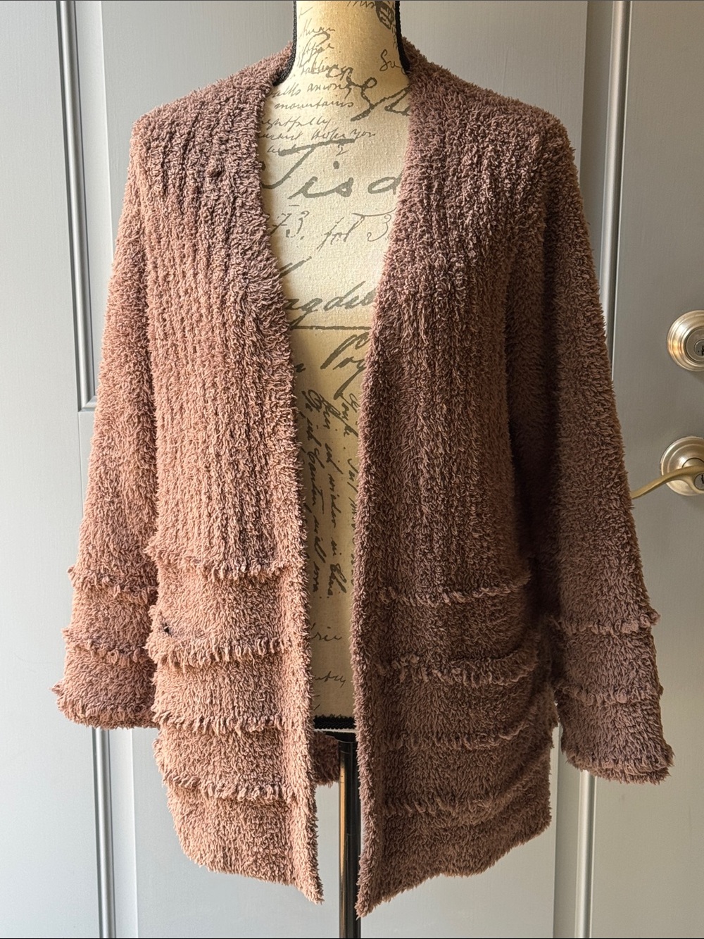 Barefoot Dreams CozyChic Boardwalk Cocoa Brown Cardigan Sweater Fringe Pockets M